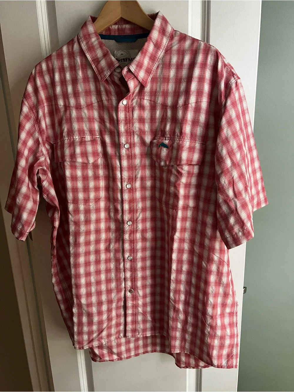 Simms Red and White Plaid Short-Sleeve Pearl Snap Fishing Shirt XXL